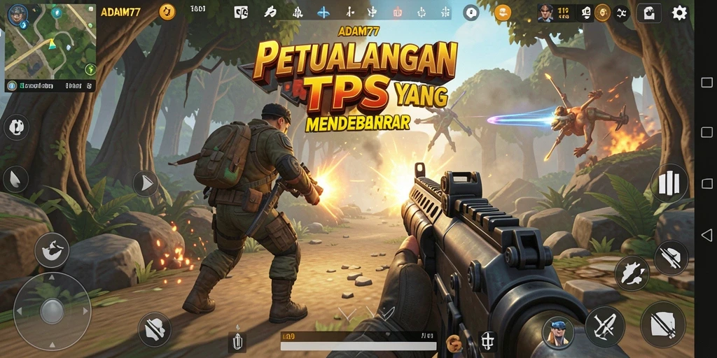 Tangkapan layar gameplay mendebarkan ADAM77 dengan aksi tembak-menembak.