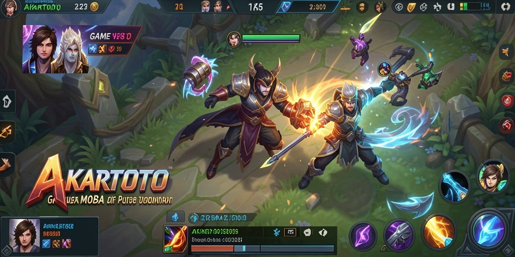 Tampilan gameplay seru dari AKARTOTO, menunjukkan karakter bertarung di arena.
