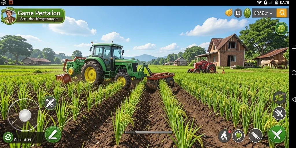 Screenshot gameplay ORA78 yang menampilkan pertanian penuh warna dan petualangan seru.