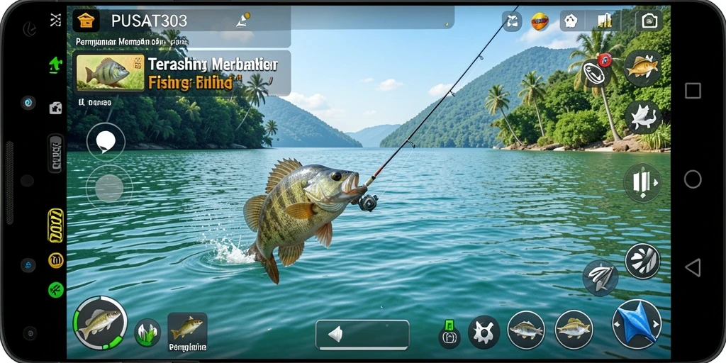 Screenshot gameplay utama PUSAT303 dengan pemandangan memancing yang menakjubkan.
