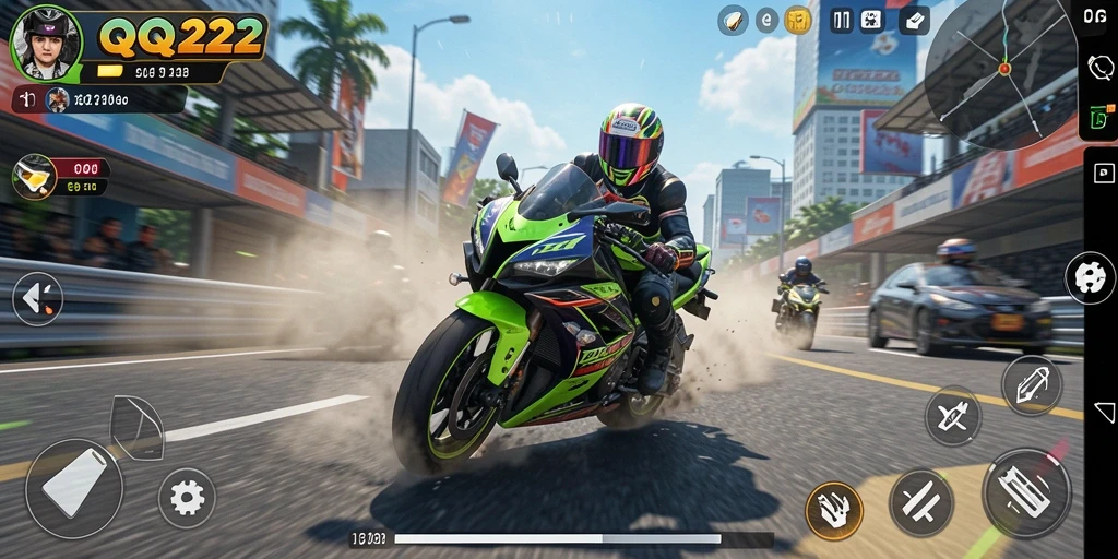 Gameplay seru QQ222 dengan aksi balapan motor yang mendebarkan.