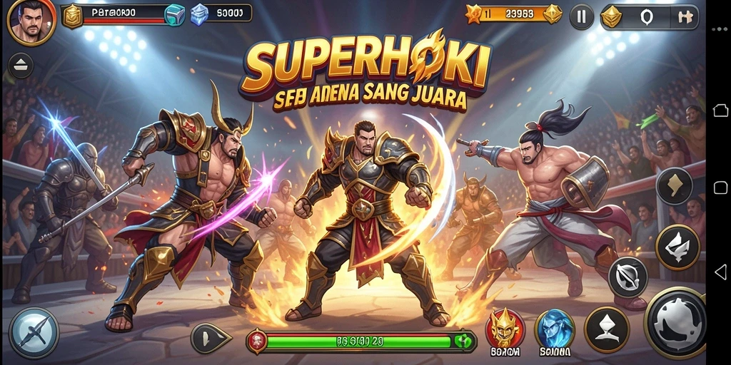 Tangkapan layar utama SUPERHOKI menampilkan aksi pertarungan yang mendebarkan.