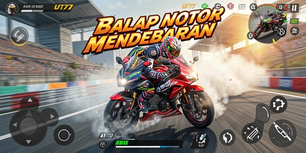Gameplay seru UT77 dengan balapan motor yang mendebarkan.